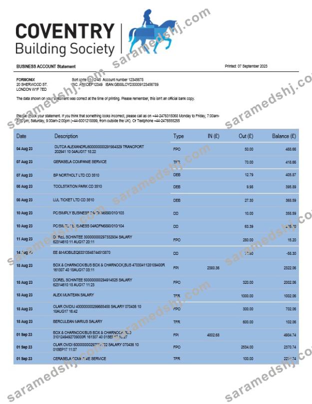 Coventry Building Society organization checking account statement Word and PDF template